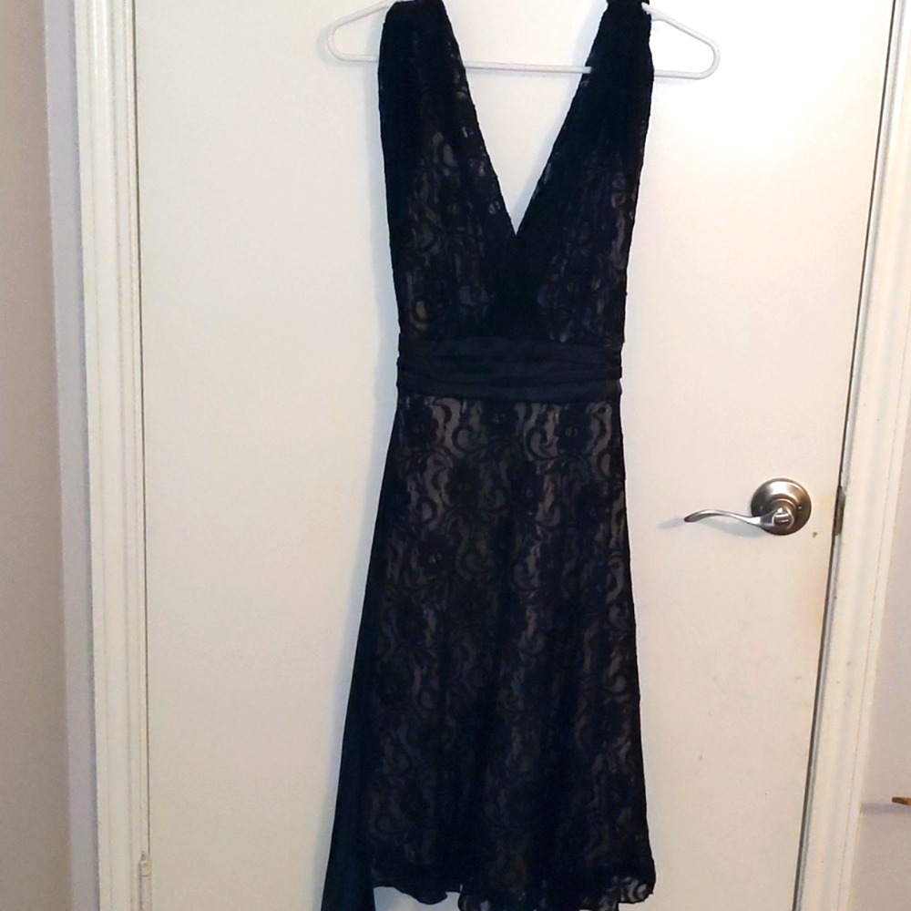 Roulette Black lace belted evening dress